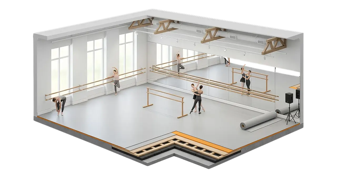 Isometric cutaway of a dance studio with vinyl laid over the sprung floor and a roll ready to lay