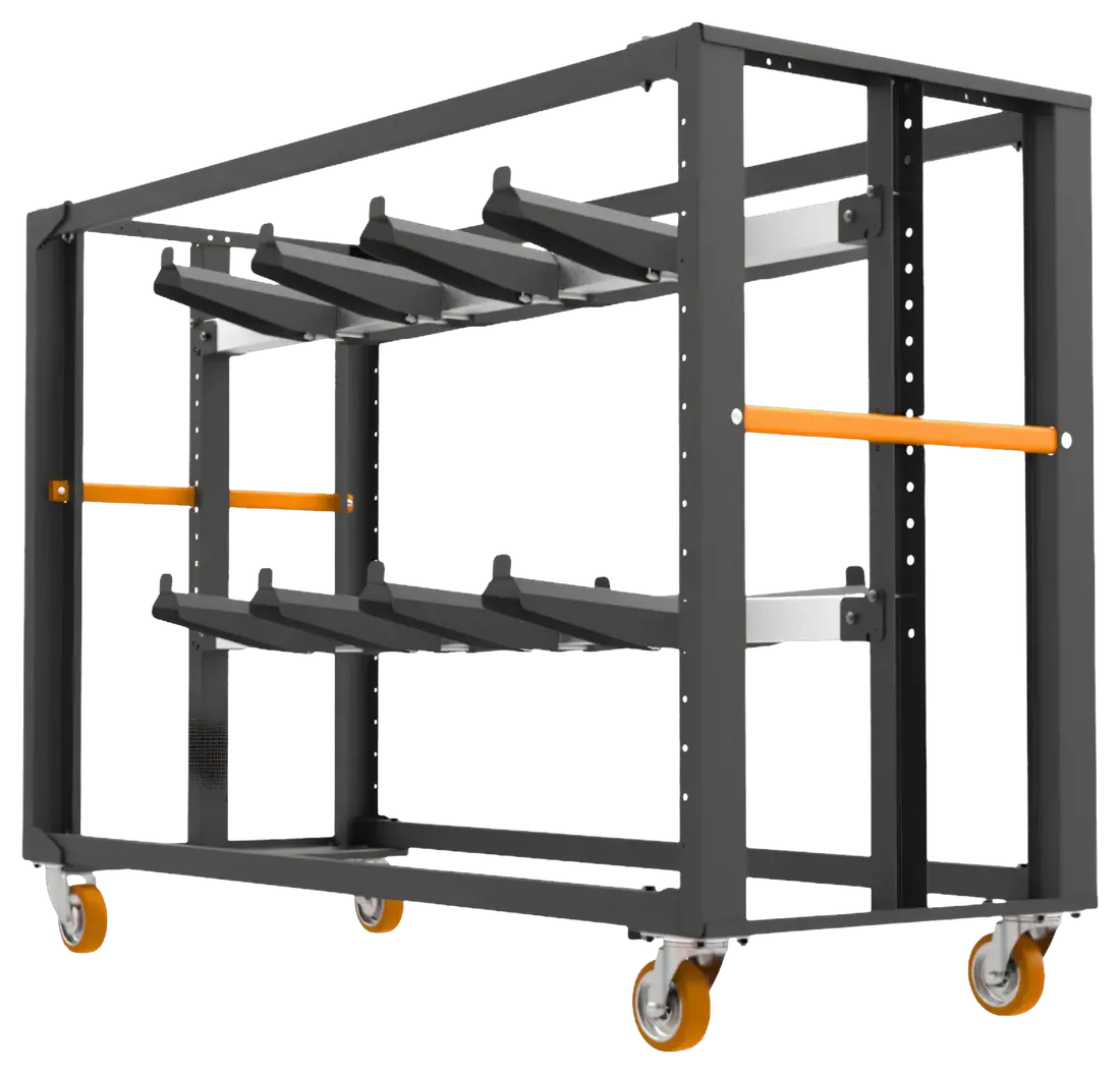 Steel cable storage trolley with orange castors